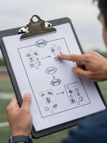 Overhead tactical clipboard with football formations drawn, coach hand pointing to strategy, high-contrast athletic gray and blue equipment
