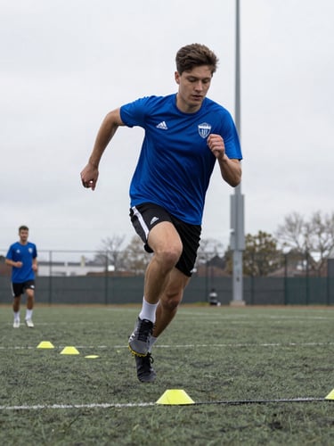 Low-angle action shot of a young athlete in a blue jersey sprinting through agility cones on an Enoch training field under overcast daylight.