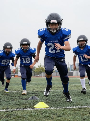 Low-angle action shot of youth football players sprinting through agility cones on a turf field under high-contrast overcast daylight.