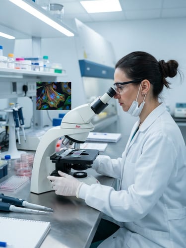 Científico en un laboratorio estéril examinando muestras en un microscopio, con enfoque en biotecnología aplicada a la salud animal, iluminación clínica brillante, tonos fríos.
