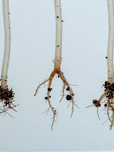 Macro close-up of healthy root systems resisting Fusarium infection in a soil sample, crisp details, high-contrast cool tones, clinical scientific photography, 50mm
