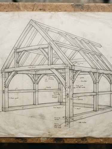 A detailed hand-drawn architectural drafting of a timber-frame barn bent on aged cream paper, showing precise mortise and tenon joinery details, hand-penciled scribe marks, overhead soft lighting.