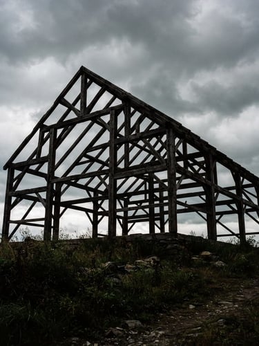 Dramatic wide-angle shot of a hand-hewn timber frame silhouetted against an overcast Vermont sky, low horizon, moody natural light, 35mm film grain