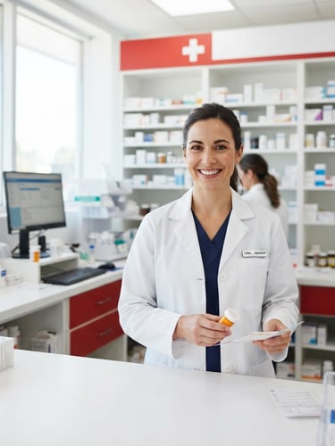 Professional pharmacist in a clean white coat smiling warmly in a bright modern pharmacy, natural daylight, sharp focus, clinical white and red tones