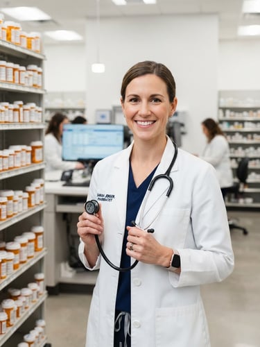 Professional pharmacist in a clean white coat holding a stethoscope, bright clinical pharmacy background, crisp neutral studio lighting