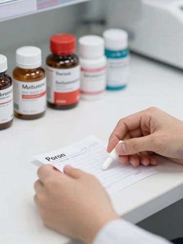 Close-up of hands preparing a pharmaceutical prescription on a clean white counter, organized clinical environment, bright neutral light