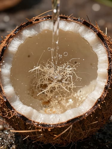 Portrait macro shot of compressed coco pith expanding under water, raw fibrous texture, harsh direct tropical sunlight, high contrast.