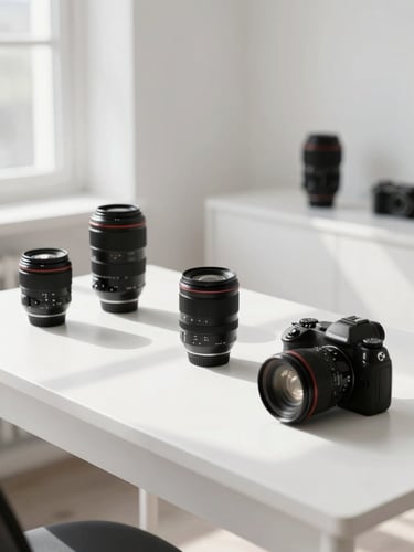 Bright high-key photography studio workspace with high-end camera equipment, lenses on a clean white table, crisp direct sunlight casting geometric shadows, 35mm lens