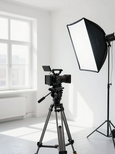 Bright high-key photography of a modern professional studio space, white walls, softboxes, high-end cinema camera on a tripod, clean natural window light