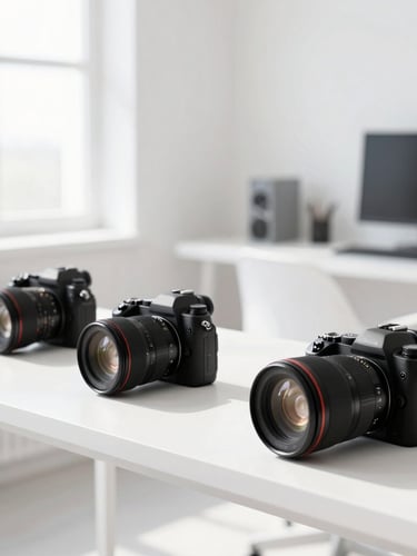 Bright high-key studio photography, modern sun-drenched creative workspace with high-end camera gear on a clean white desk, sharp focus, 35mm lens