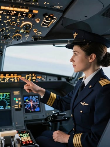 Immaculate pilot instructor in uniform pointing at flight deck instruments inside an advanced commercial flight simulator. Sharp focus, warm cockpit lighting, luxury editorial style.