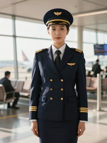 Immaculate commercial pilot in uniform standing in a bright, modern airport terminal, direct eye contact, sharp focus, 35mm editorial photography, golden hour light.