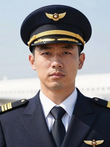 A sharp medium-close-up portrait of an immaculate commercial airline pilot in full uniform with gold epaulets, looking forward with direct eye contact, bright crisp daylight, 35mm.
