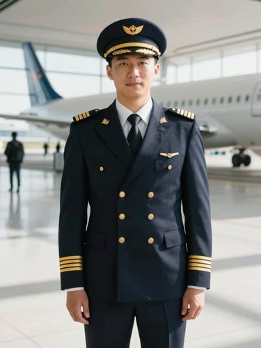 Crisp editorial portrait of a professional commercial pilot in immaculate uniform, sharp golden insignia, standing in a bright modern airport terminal, natural daylight, 35mm.