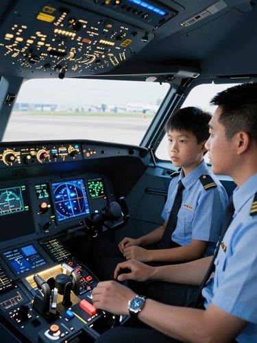 Crisp editorial shot of an advanced flight simulator cabin with glowing avionics screens, a student and instructor captain in sharp uniform focused on the controls, soft blue light.