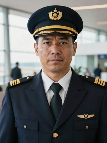 An authoritative medium-close-up portrait of an active airline captain in an immaculate uniform with gold stripes, looking directly at the camera. Bright crisp daylight, modern airport terminal lounge background, sharp focus, 35mm.