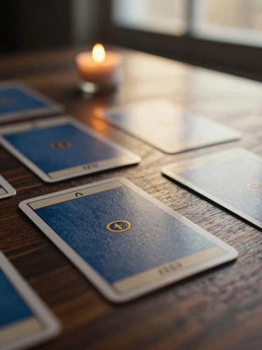 Moody editorial photography, close-up of beautifully textured minimalist tarot cards laid out on a dark walnut table, soft golden-hour window light, shallow depth of field, 35mm