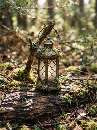 A hand-painted 3D printed fantasy lantern with moss accents, placed on a weathered oak log, warm dappled sunlight filtering through pine needles, macro shot, shallow depth of field