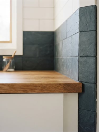 Straight-on architectural detail shot of a newly renovated kitchen corner, clean oak wood joints meeting deep slate grey tiles, bright natural window daylight, sharp focus, 35mm