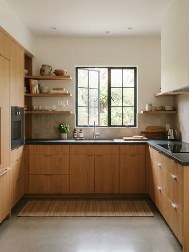 Straight-on architectural shot of a modern kitchen renovation, warm oak cabinetry, clean slate countertops, natural bright window light, sharp focus, 35mm
