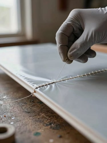 Macro close-up of gloved hands stitching a heavy PVC seam repair on a marquee canopy panel, workshop bench surface visible, window light from the left, thread and binding detail sharp