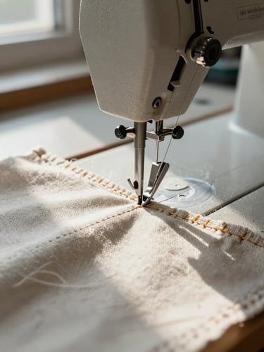 Extreme close-up of heavy-duty canvas seam being stitched on a workbench, needle and thread visible mid-stitch, natural workshop window light raking across the fabric texture, industrial sewing machine arm in soft background