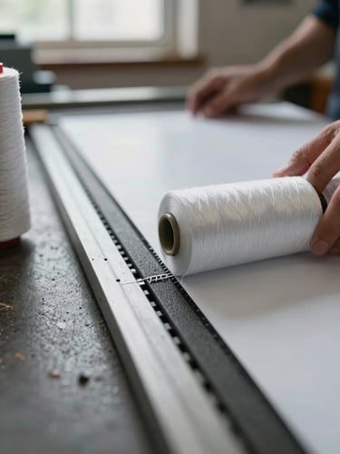Extreme close-up of a spray dodger's stitched edge in progress on a workshop cutting table, heavy-duty thread visible in natural window light, the vinyl and canvas layers pinned together, hands partially in frame