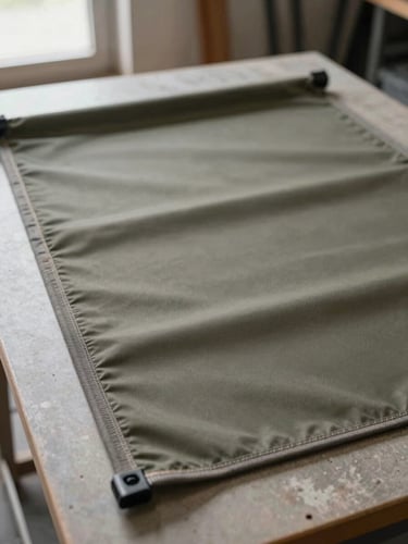 Close-up overhead flat-lay of a heavy-duty waterproof canvas awning panel on a cutting table, edge binding and reinforced stitching visible, natural workshop window light from the left