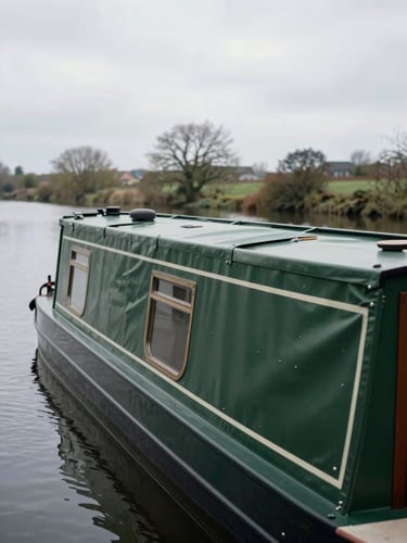 Wide shot of a narrowboat moored on a calm inland waterway, a fitted dark green canvas hatch cover running the length of the roof, overcast diffused daylight, no people visible