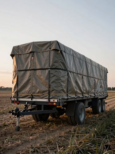 Wide shot from field level, a heavy-canvas trailer cover strapped tight over a loaded agricultural trailer, late-afternoon overcast daylight, flat farmland stretching to the horizon behind it, cover straps and grommets in sharp foreground focus