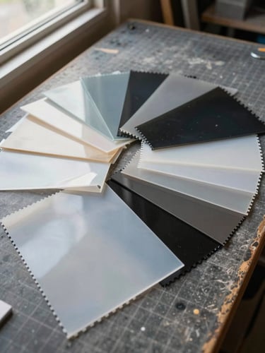 Overhead flat-lay of PVC and acrylic fabric swatches arranged on a worn cutting table in a workshop, natural light from a side window, colour variants fanned out, edge-binding strips visible at the margins