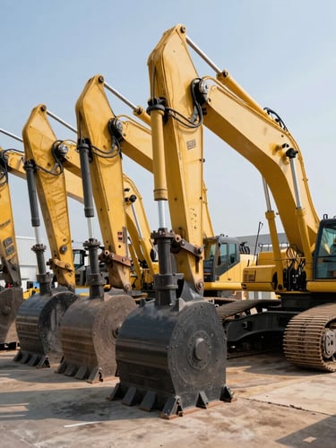 Wide panoramic shot of heavy machinery hydraulic cylinders and massive yellow excavator arms, bright daylight, high contrast, industrial machinery focus.