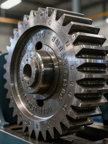 Macro shot of high-contrast heavy machinery gears with engraved serial numbers, industrial warehouse lighting, cold steel tones.