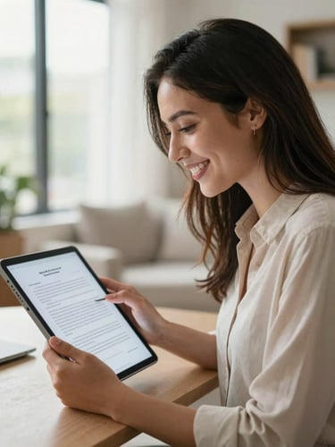A young Colombian professional smiling in a bright, daylight-filled apartment, looking at a tablet screen showing legal documents, feeling relieved and secure.