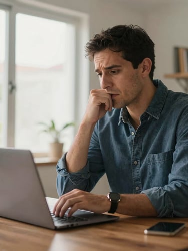 Medium shot of a Colombian professional in a bright, daylight-filled home office looking at a laptop with a look of relief and accomplishment.