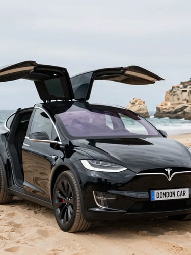 A pristine Tesla Model X parked overlooking the scenic Douro Valley at golden hour, warm natural light, shallow depth of field