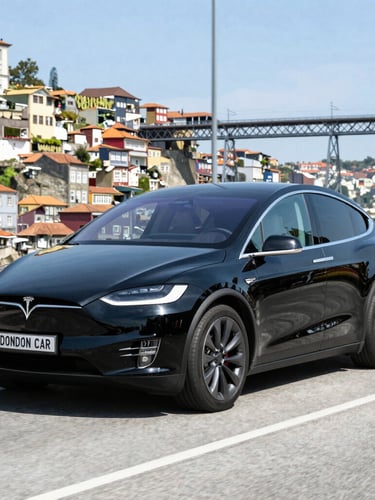 A pristine dark blue Tesla Model X parked on a cobblestone street in Lisbon during golden hour, historic architecture in the soft-focus background.