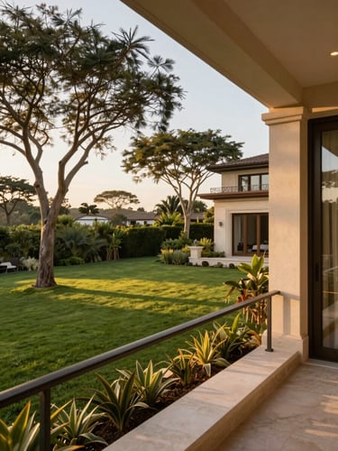 A warm golden hour view of a luxury villa balcony overlooking lush green lawns and young sandalwood trees, evoking peaceful luxury.