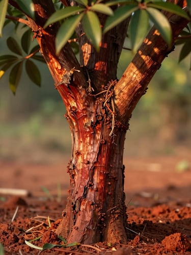 Close-up of a young red sandalwood tree trunk, rich textured bark with green leaves catching warm golden sunlight, fertile red soil visible at the base.