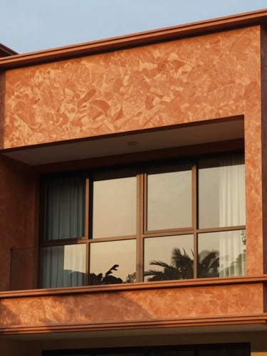 Architectural close-up of a luxury villa facade in Andhra Pradesh, warm golden hour light reflecting off terracotta walls and large glass windows.