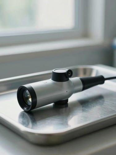 A modern, high-quality otoscope resting on a clean medical tray, soft natural daylight filtering through a window, shallow depth of field, professional clinical setting.