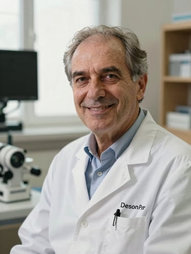 Portrait of Dr. Giuseppe Porro, an Italian ENT specialist, in a warm daylight-filled clinical office, smiling reassuringly, professional doctor