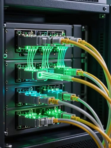 Macro close-up of a high-performance server rack in a dark control room, glowing electric green and cyan node connections, abstract data streams flowing through fiber optic cables, high contrast, deep shadows.
