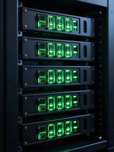 Macro shot of glowing green server nodes in a dark server rack, high-contrast neon accents, deep shadows, terminal dashboard aesthetic
