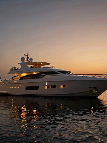 Sleek superyacht docked in Dubai Marina at twilight, warm glowing cabin lights reflecting on the dark water, cinematic luxury photography, golden hour twilight lighting, deep obsidian and gold tones, wide-angle anamorphic lens