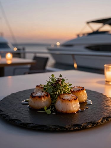 A beautifully plated gourmet dish of seared scallops and microgreens on a dark slate plate, served on an outdoor yacht dining table, warm candlelight, twilight background.