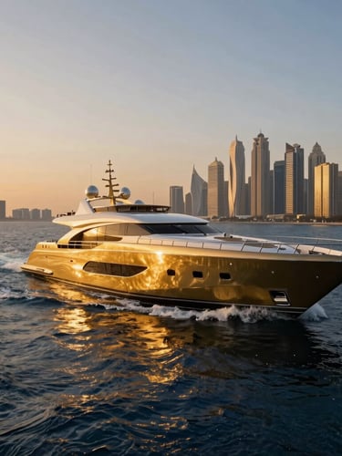 Cinematic wide-angle shot of a sleek 150-foot superyacht cutting through deep blue water at sunset, golden hour light reflecting off polished brass details, Dubai Marina skyline blurred in the background.