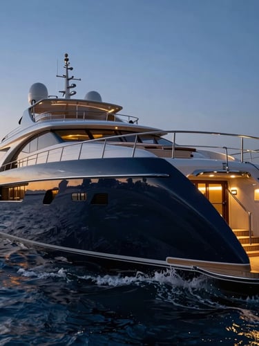 Close-up of a polished teak deck of a superyacht at twilight, glowing cabin lights, deep blue water splashing gently against the hull