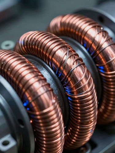 Macro close-up of heavy pure electrolytic copper windings on an industrial servo stabilizer core, cool blue highlights