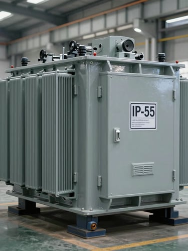 Wide shot of heavy-duty steel transformer enclosures lined up on a modern factory floor, clean industrial gray finish, IP-55 classification markings visible.
